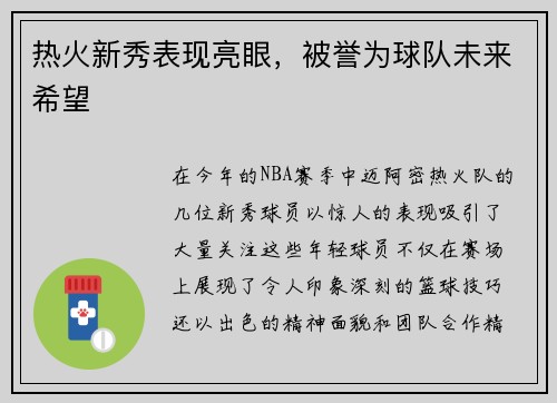 热火新秀表现亮眼，被誉为球队未来希望