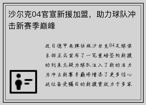 沙尔克04官宣新援加盟,助力球队冲击新赛季巅峰